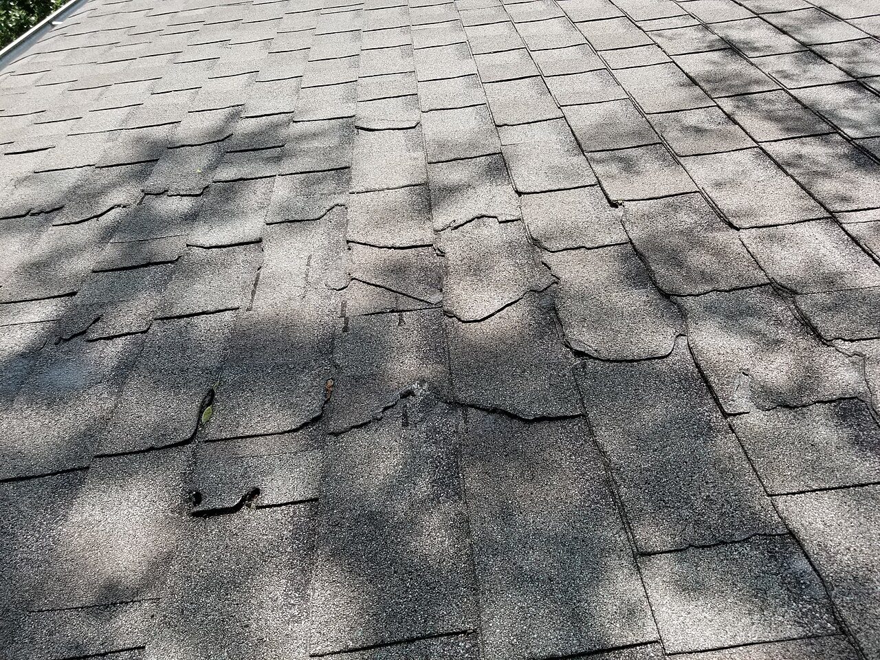 Uneven and damaged asphalt shingles. Visible wear alone does not establish the cause or an insurance claim.